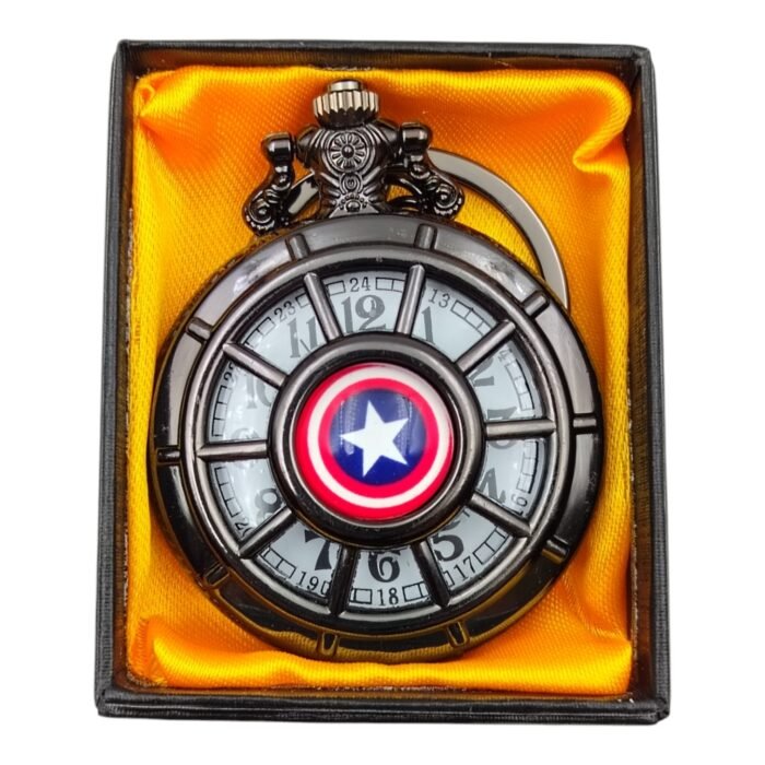 Captain America Black Colored Pocket Watch Metallic Keychain - Image 1