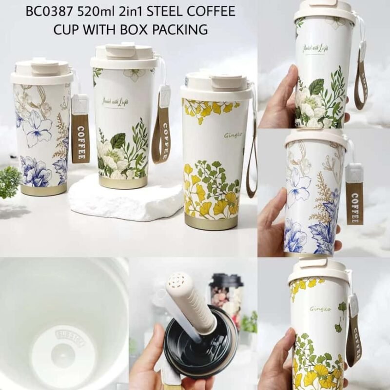 Stainless Steel Coffee Tumbler | 520ml Coffee Tumbler | Floral Print Tumbler | Leak Proof Coffee Mug | 2 in 1 Lid Tumbler | Travel Coffee Mug | Insulated Coffee Tumbler | Hot and Cold Tumbler | Reusable Coffee Cup | Office Coffee Mug | Carry Strap Tumbler|