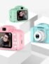 kids digital camera pink color front view, children mini camera with screen display, cute kids camera blue color lens view, HD kids camera green color back view, toy camera for kids photography