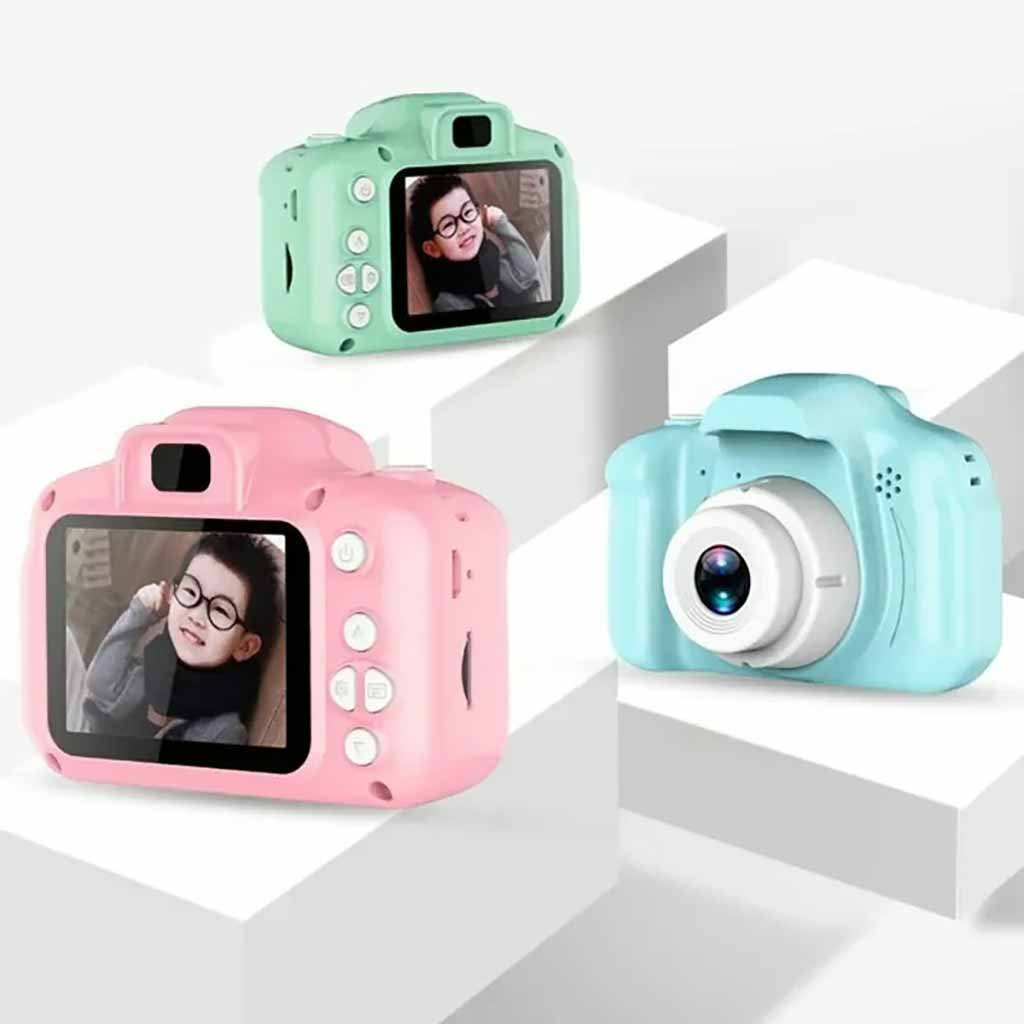 kids digital camera pink color front view, children mini camera with screen display, cute kids camera blue color lens view, HD kids camera green color back view, toy camera for kids photography
