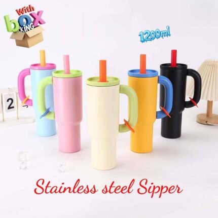 pink stainless steel sipper cup 1200ml with handle and straw