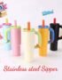 pink stainless steel sipper cup 1200ml with handle and straw