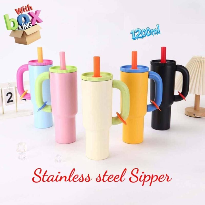 pink stainless steel sipper cup 1200ml with handle and straw