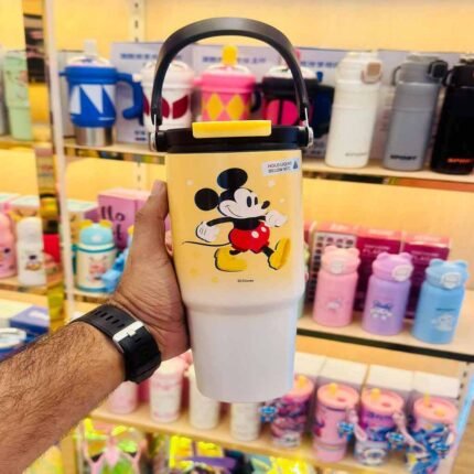 yellow Mickey Mouse stainless steel sipper cup 1200ml with handle and lid