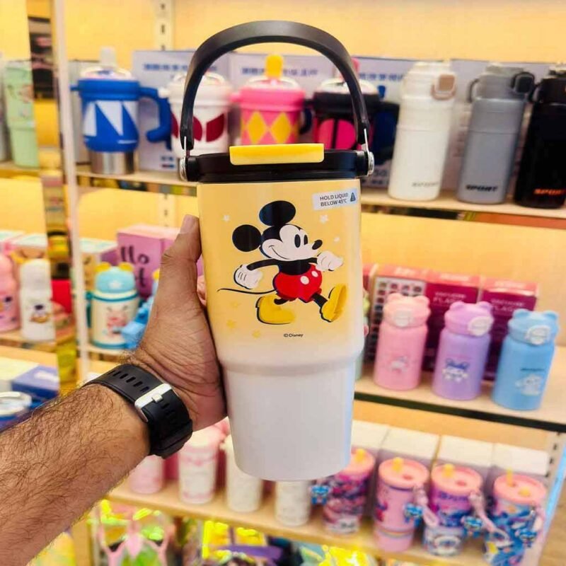 yellow Mickey Mouse stainless steel sipper cup 1200ml with handle and lid