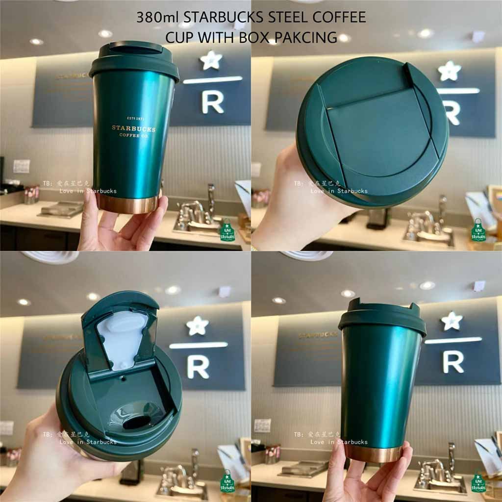 green stainless steel coffee cup 380ml insulated travel mug with lid