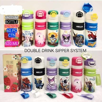 kids cartoon sipper bottle 520ml wholesale, double drink water bottle for kids bulk supplier, cartoon school bottle wholesale, kids hot and cold bottle 520ml, Spiderman Frozen kids bottle bulk