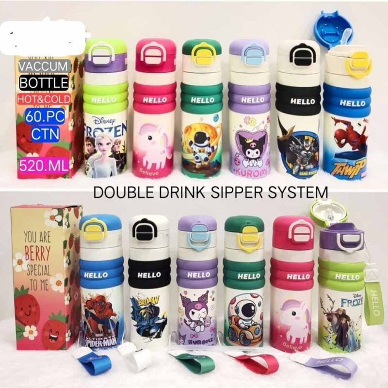 kids cartoon sipper bottle 520ml wholesale, double drink water bottle for kids bulk supplier, cartoon school bottle wholesale, kids hot and cold bottle 520ml, Spiderman Frozen kids bottle bulk
