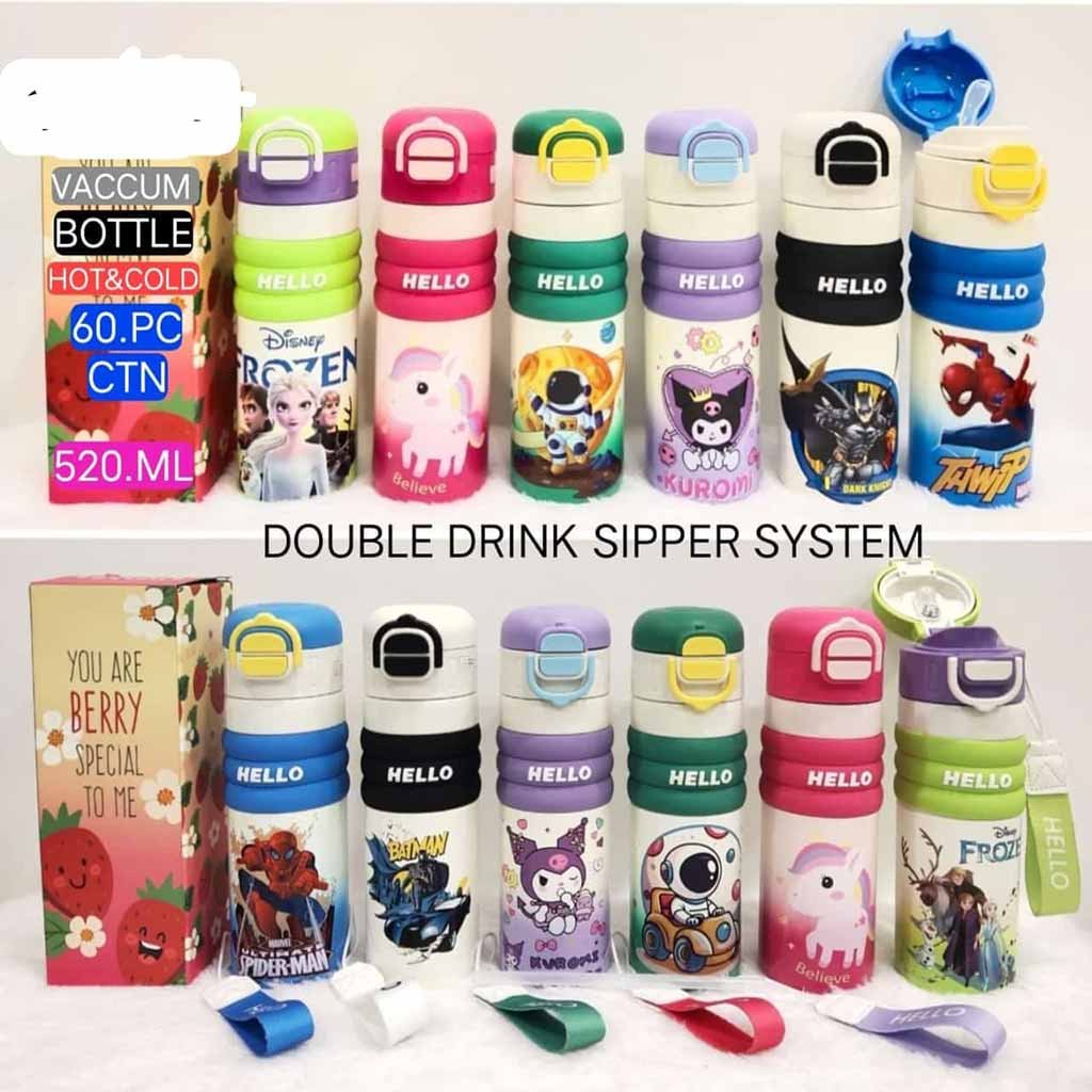 kids cartoon sipper bottle 520ml wholesale, double drink water bottle for kids bulk supplier, cartoon school bottle wholesale, kids hot and cold bottle 520ml, Spiderman Frozen kids bottle bulk