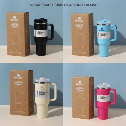 Stanley tumbler black with handle and straw, Blue Stanley tumbler 1200ml insulated travel mug with box, Cream Stanley quencher tumbler with handle 40oz equivalent, Pink Stanley tumbler large capacity insulated cup, Stanley flowstate tumbler with straw lid wholesale product, Reusable insulated tumbler with handle and box packing