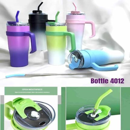 gradient tumbler bottle 1200ml with handle and straw, colorful insulated tumbler bottle 4012 with lid and straw, large capacity gradient tumbler cup with ergonomic handle, reusable travel mug with straw lid open mouthpiece design, wholesale gradient tumbler bottle with box packaging, insulated tumbler bottle with steel straw and handle grip