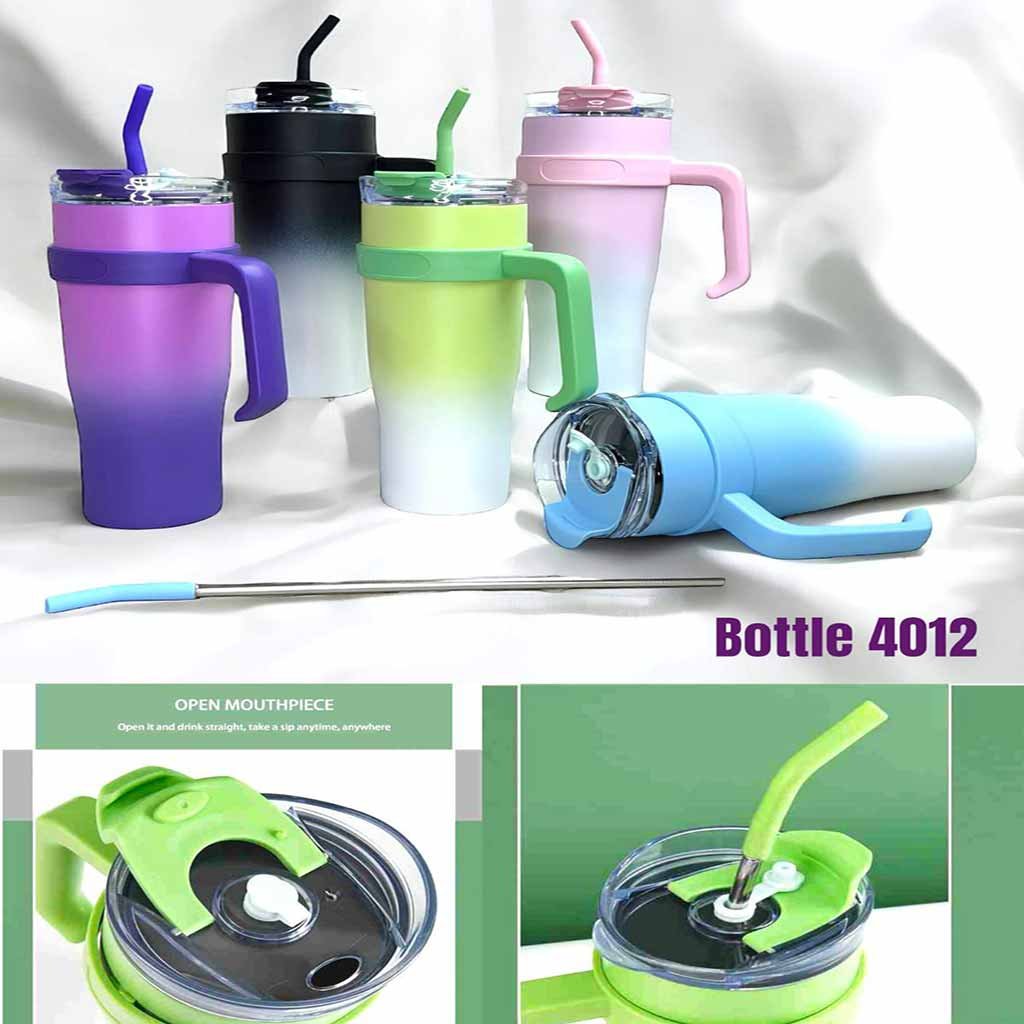 gradient tumbler bottle 1200ml with handle and straw, colorful insulated tumbler bottle 4012 with lid and straw, large capacity gradient tumbler cup with ergonomic handle, reusable travel mug with straw lid open mouthpiece design, wholesale gradient tumbler bottle with box packaging, insulated tumbler bottle with steel straw and handle grip